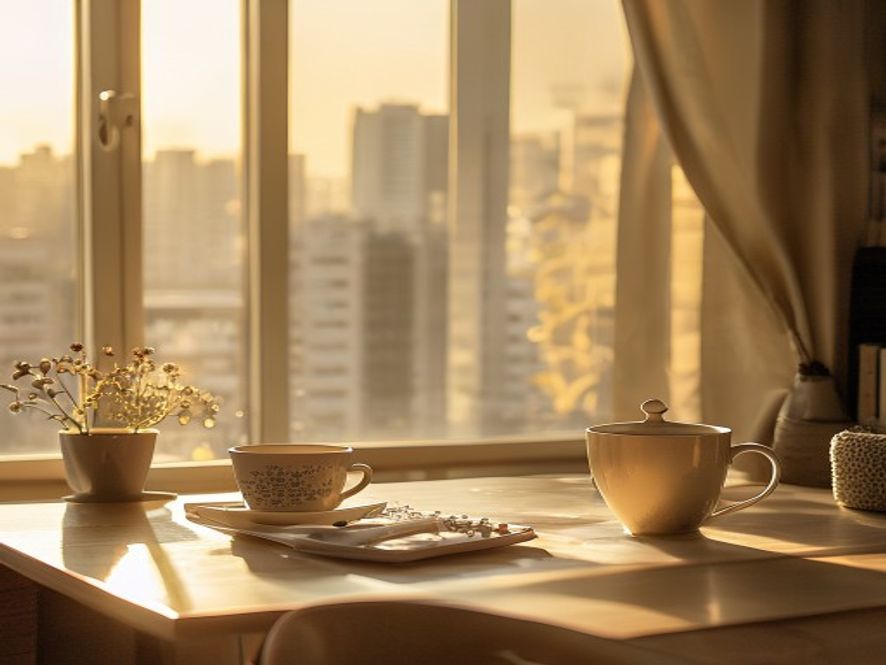 Warm consultation workspace with notebook and planning materials overlooking a city