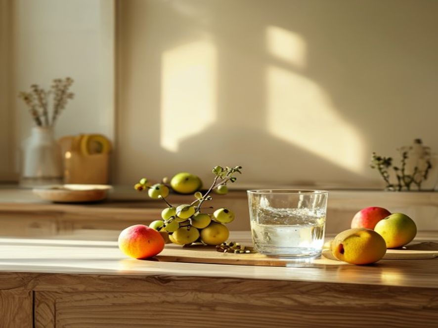 Peaceful kitchen scene with water glass and fresh ingredients representing body awareness